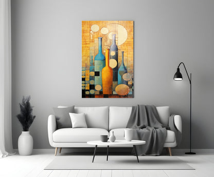 Colorful abstract wine bottle canvas art hanging above a white sofa in a modern living room setting.
