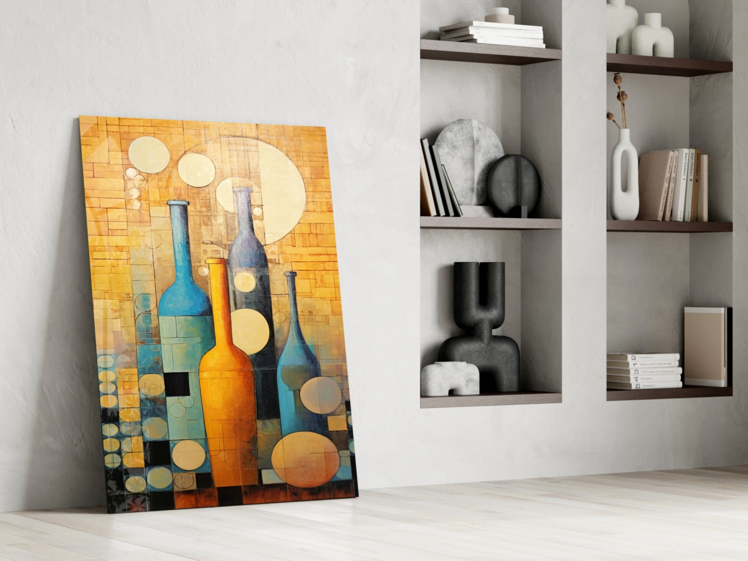 Colorful abstract wine bottle canvas leaning against white wall next to floating shelves with decorative objects.