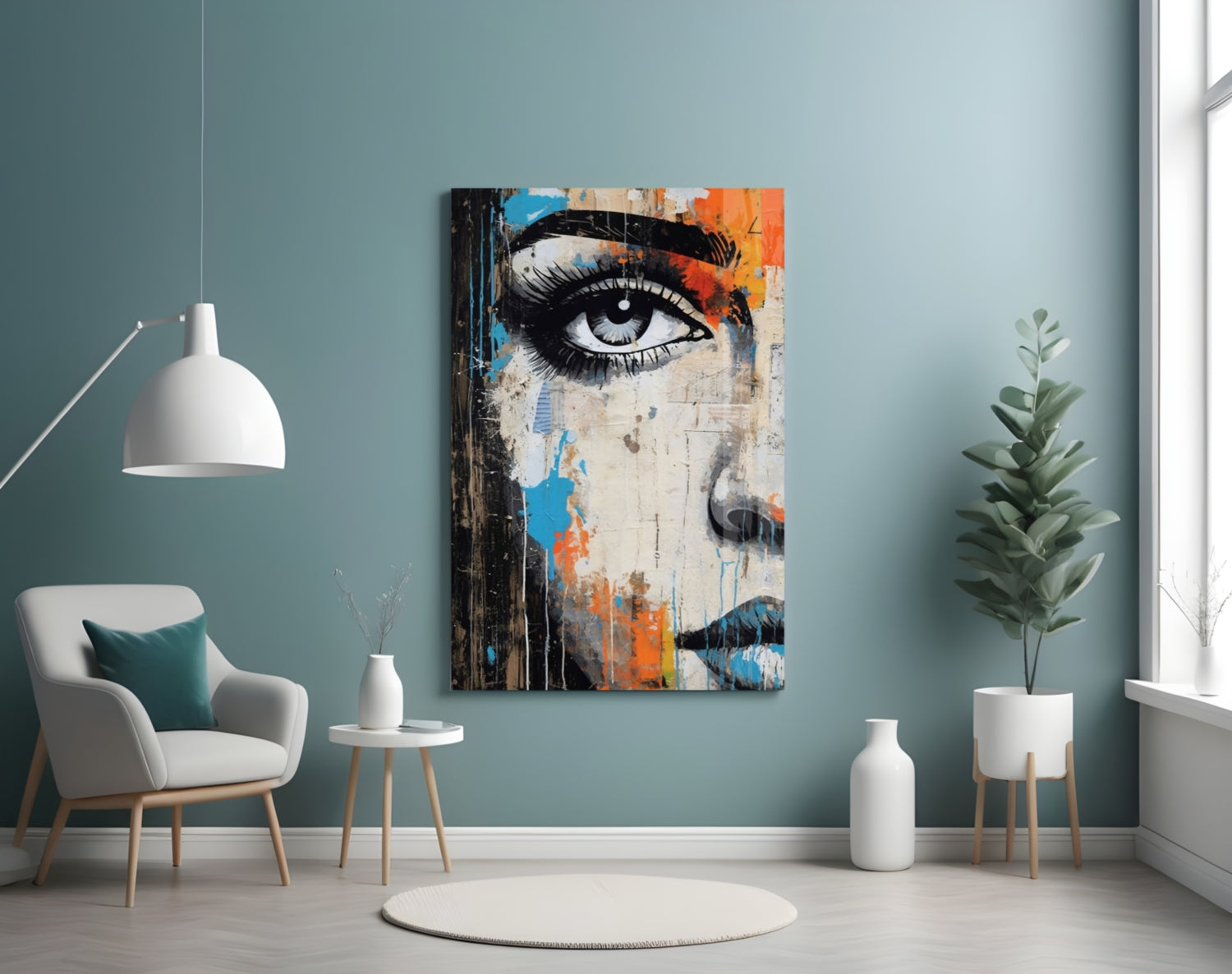 Modern room setting featuring half-portrait glass wall art with colorful abstract blue and orange paint splatters behind a white chair and potted plant.