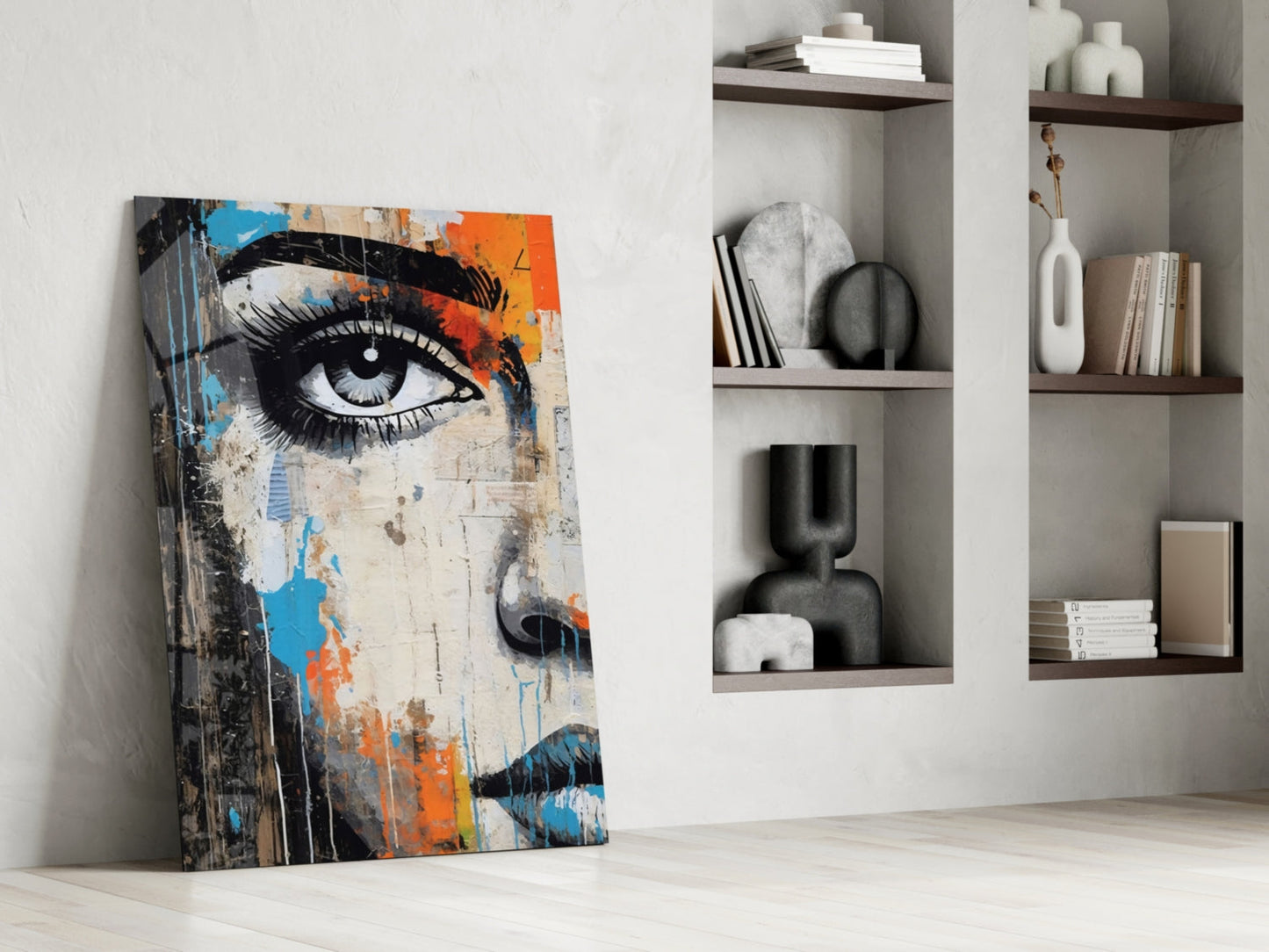 Abstract street art portrait with blue and orange paint splatters leaning against white wall beside shelving.