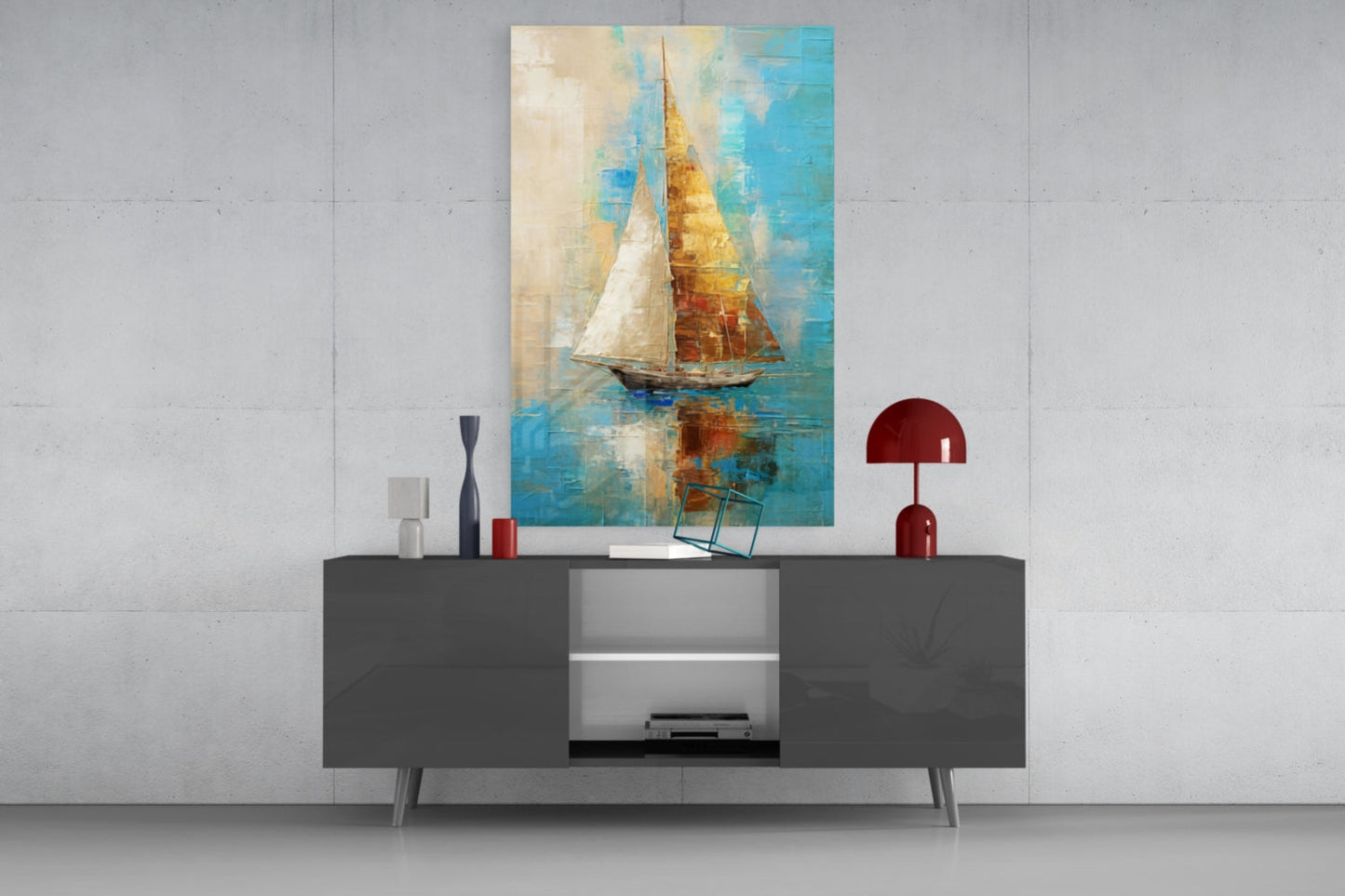 Sailing Glass Wall Art depicting a golden and white sailboat on turquoise water, displayed above a dark console table in a modern interior setting.