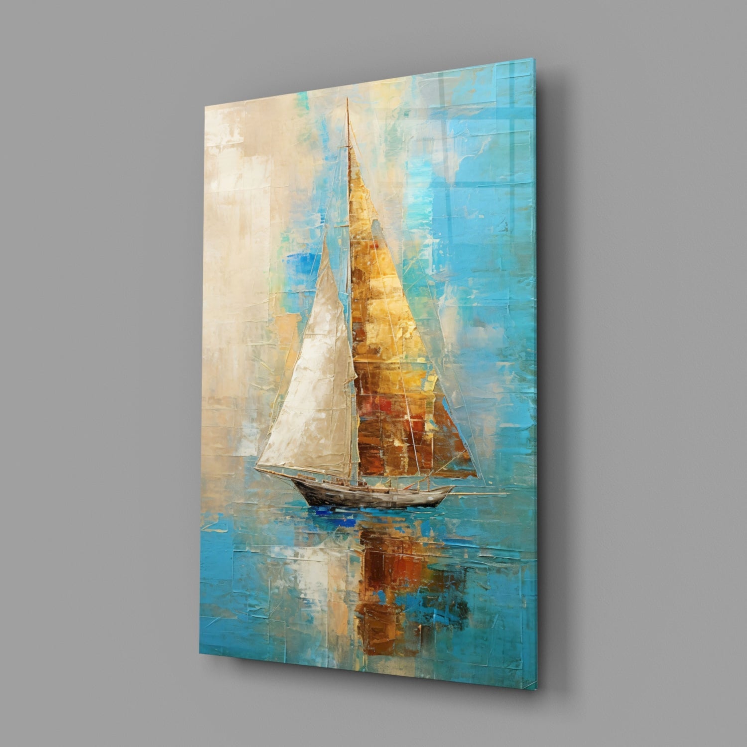 Angled view of a glass wall art panel featuring a sailboat with white and golden sails against turquoise and cream layered background.