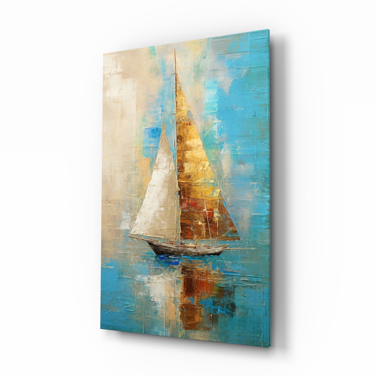 Angled view of a glass wall art panel featuring a sailboat with white and golden sails against turquoise and cream layered background.