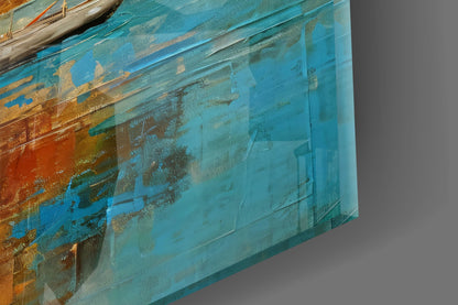 Close-up angled view of layered glass wall art showing turquoise, blue, and rust-orange painted textures with weathered patina effect.