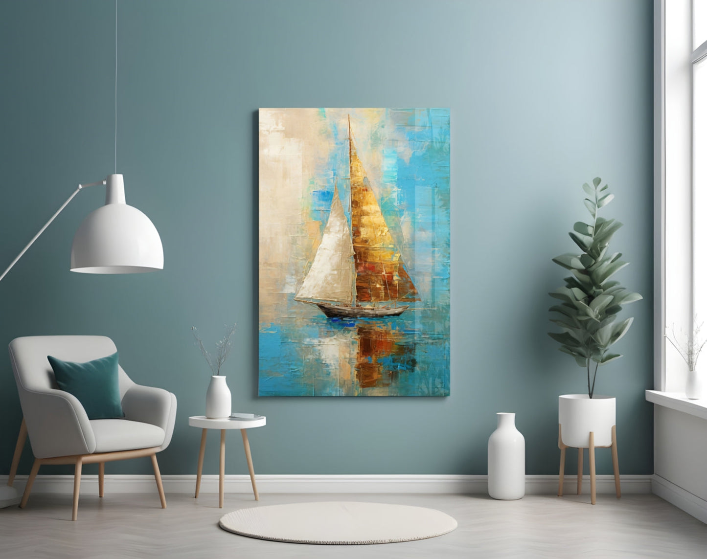 Sailing glass wall art displaying a golden sailboat on blue water displayed in a modern teal room with white chair and plants.