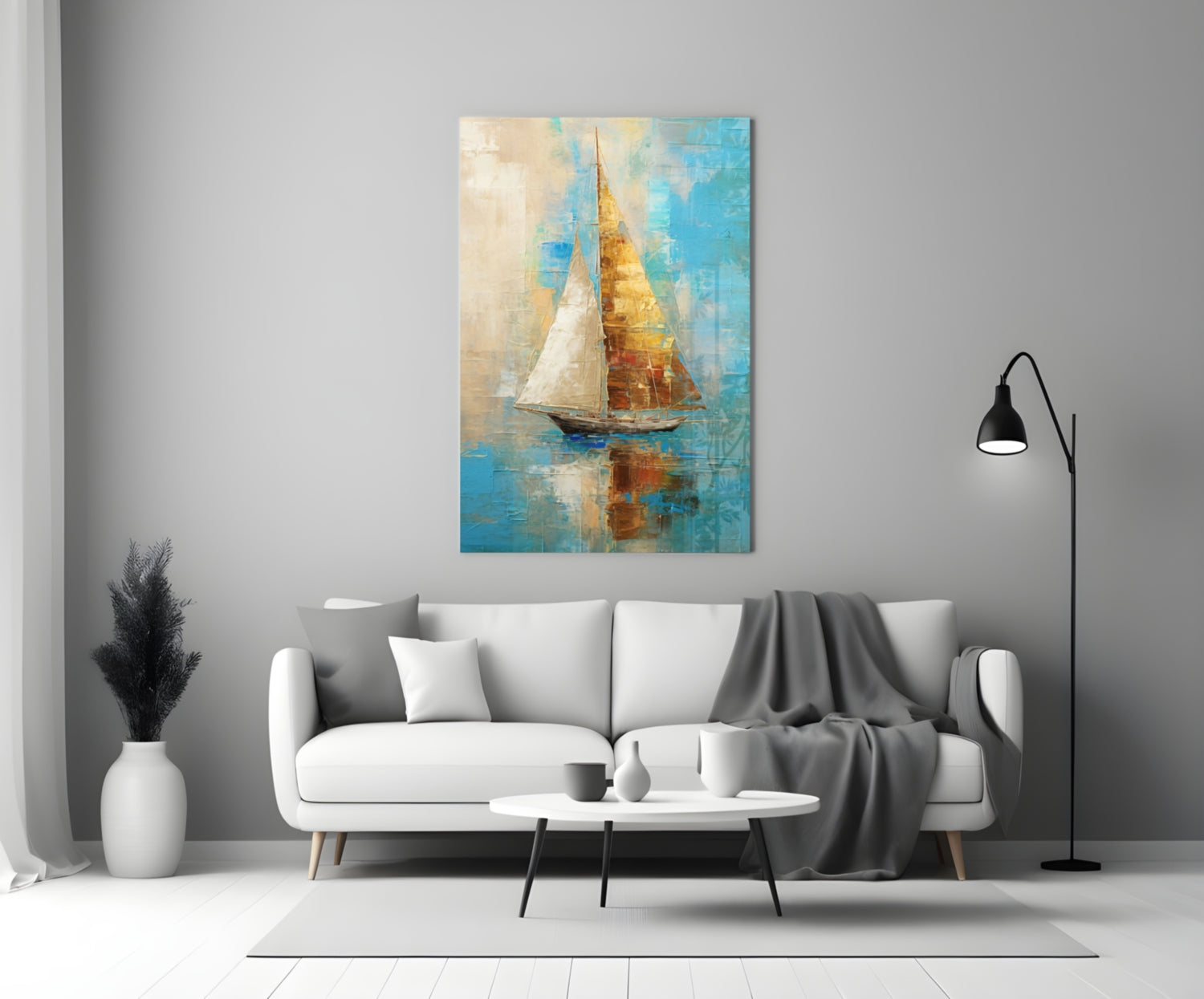Abstract sailboat painting with blue, gold, and cream tones displayed above white sofa in modern living room.