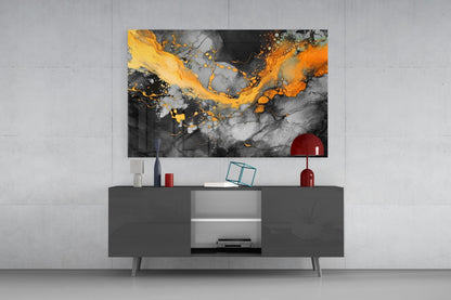 Orange Ink Wave Gray Marble Glass Wall Art
