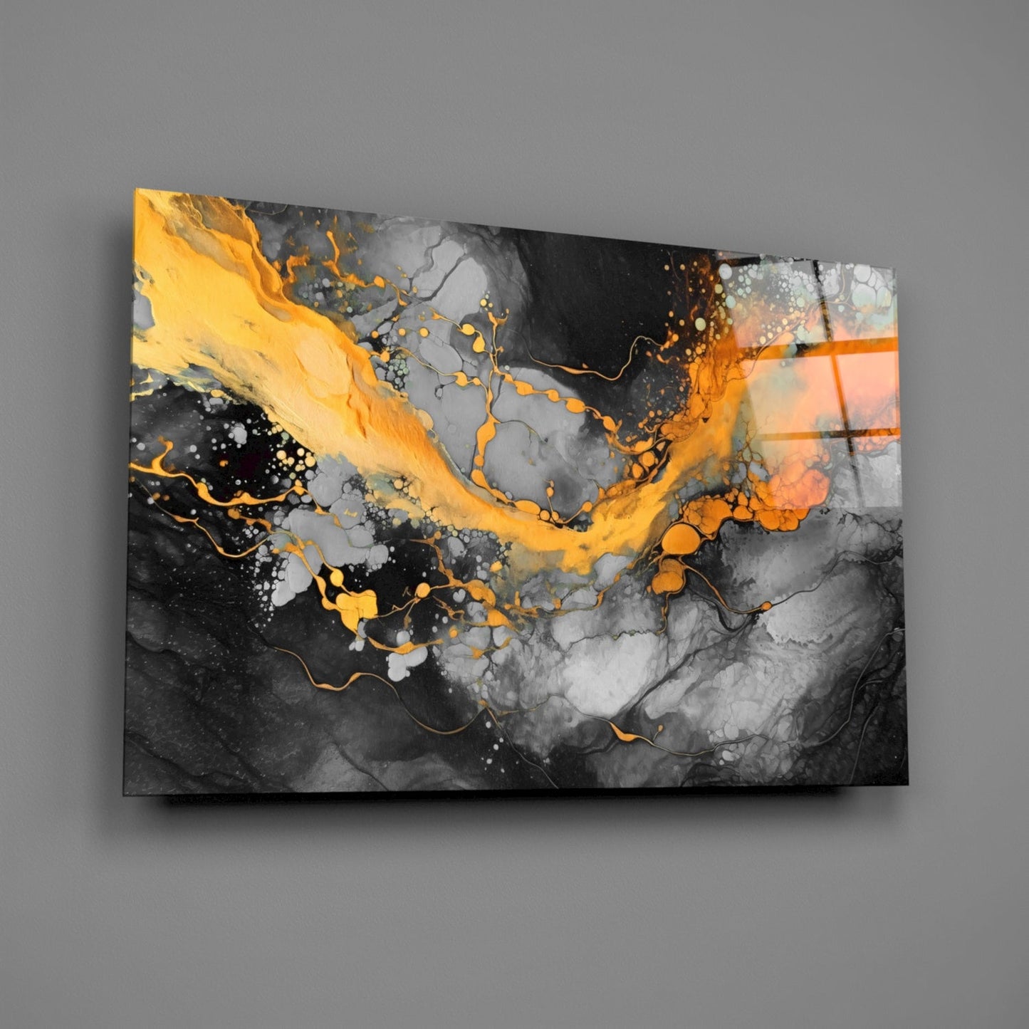 Orange Ink Wave Gray Marble Glass Wall Art