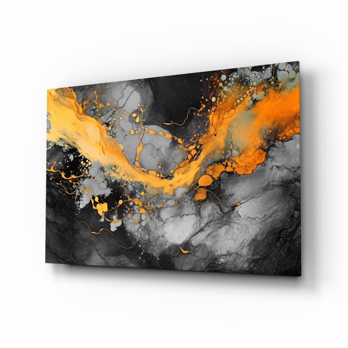 Orange Ink Wave Gray Marble Glass Wall Art