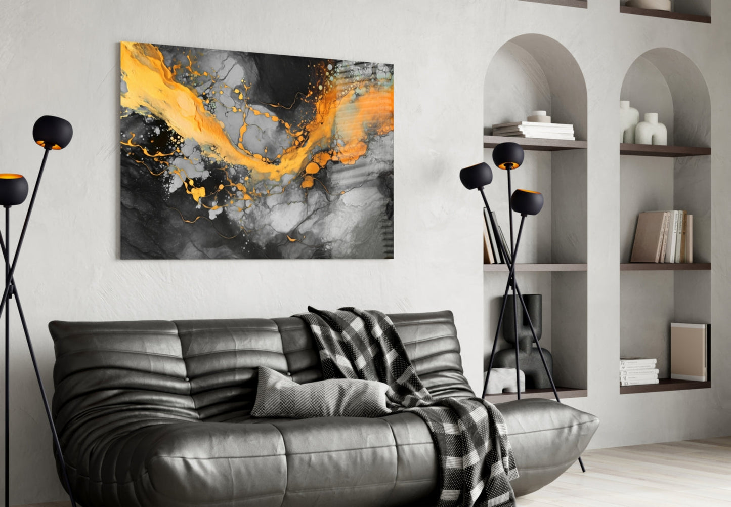 Orange Ink Wave Gray Marble Glass Wall Art