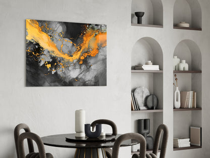 Orange Ink Wave Gray Marble Glass Wall Art