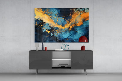 Turquoise Amber Ink Marble Flow Glass Wall Art
