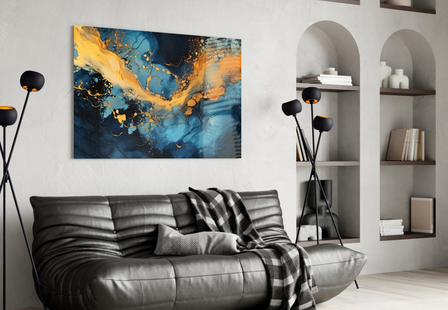 Turquoise Amber Ink Marble Flow Glass Wall Art