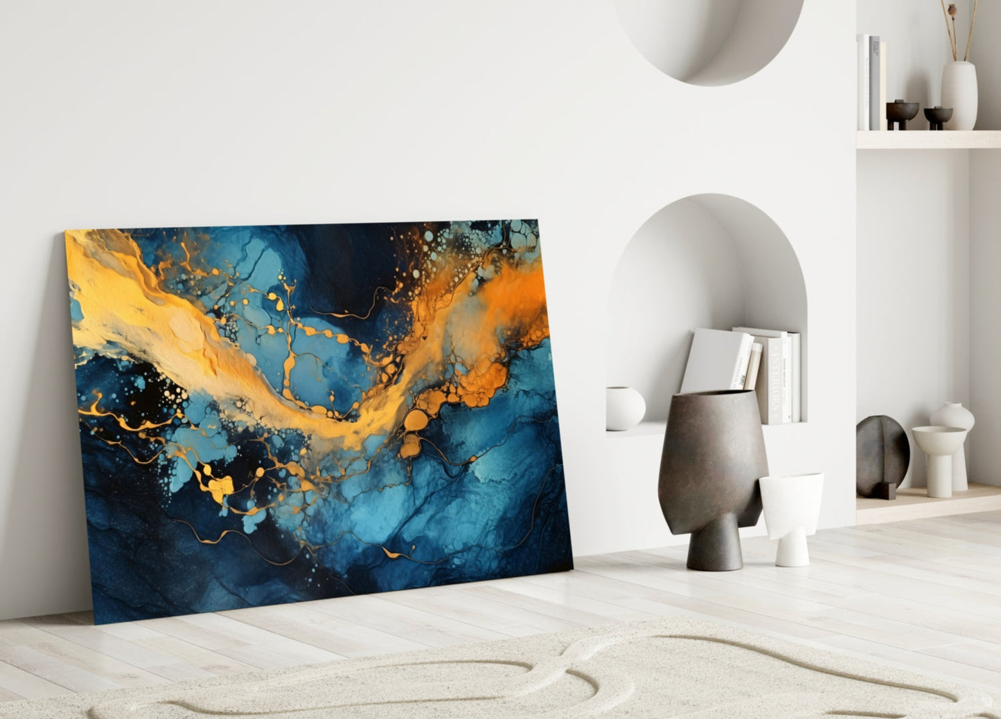 Turquoise Amber Ink Marble Flow Glass Wall Art