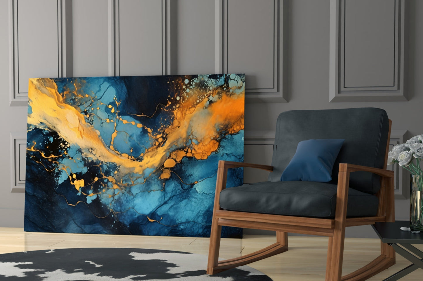 Turquoise Amber Ink Marble Flow Glass Wall Art