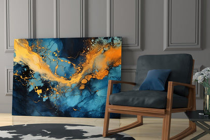 Turquoise Amber Ink Marble Flow Glass Wall Art