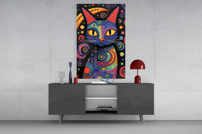 Colorful Night Cat glass wall art featuring a vibrant blue cat with red ears and yellow eyes mounted above a dark gray media console.
