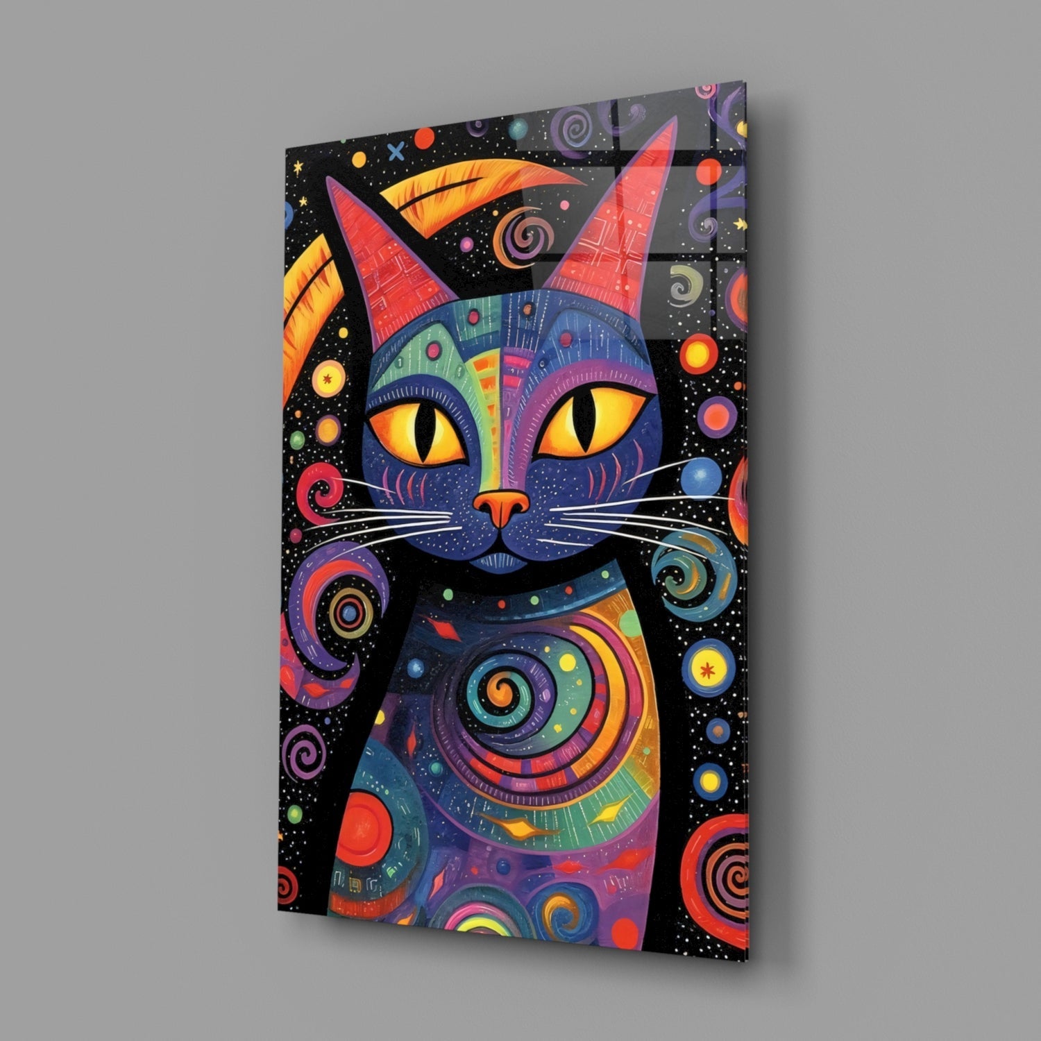 Vibrant glass wall art featuring a cosmic cat with yellow eyes, colorful geometric patterns, and swirling designs against black background.