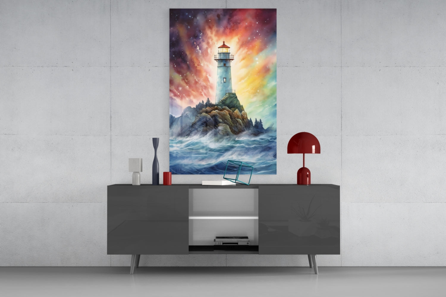 Lighthouse glass wall art displayed above a gray media console, showing a glowing lighthouse on rocky cliffs surrounded by dramatic colorful sky and turbulent ocean waves.