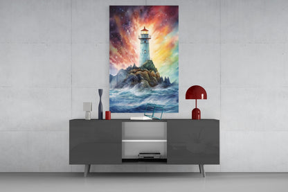 Lighthouse glass wall art displayed above a gray media console, showing a glowing lighthouse on rocky cliffs surrounded by dramatic colorful sky and turbulent ocean waves.