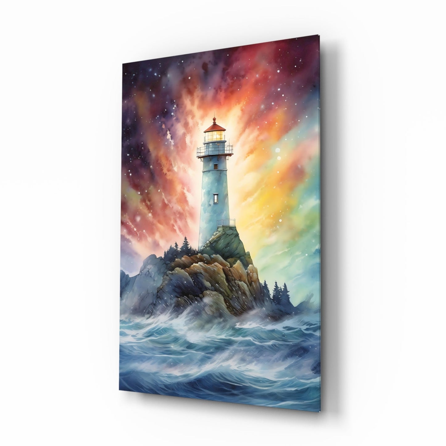 Glass wall art displaying a lighthouse on rocky shores surrounded by turbulent ocean waves beneath a dramatic sunset sky with orange, purple, and gold hues.