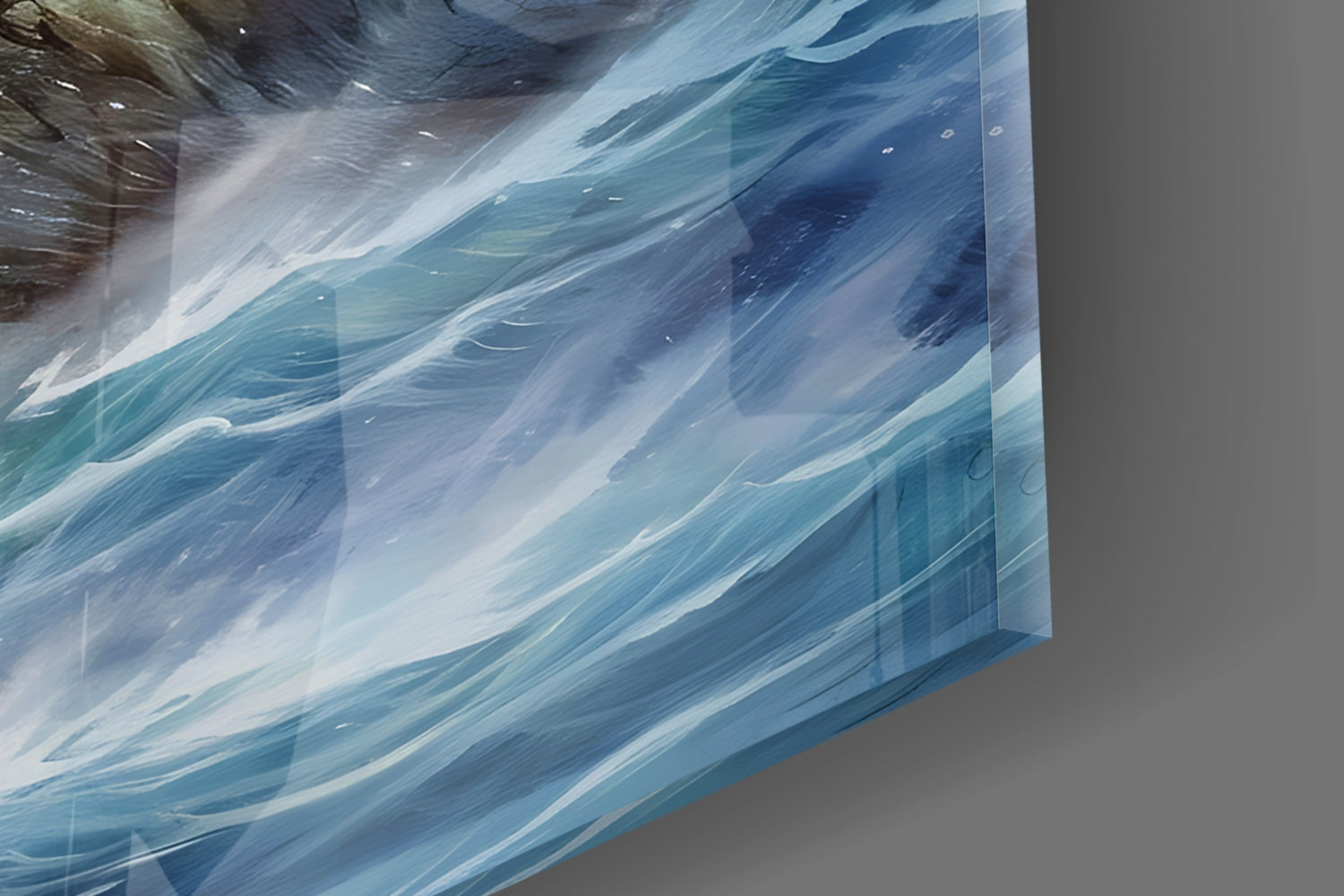 Close-up angled view of glass wall art displaying layered blue and white wave brushstrokes with translucent glass edges.