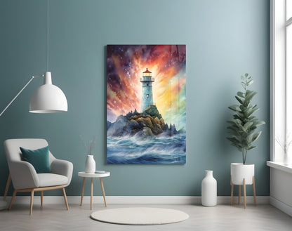 Lighthouse glass wall art hanging in a modern living room with teal walls, white chair, and potted plants, displaying a colorful sunset sky and rocky coastline.