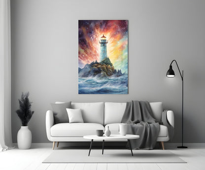 Lighthouse glass wall art mounted above white sofa, depicting a tower on rocky coast with dramatic orange and purple sky.
