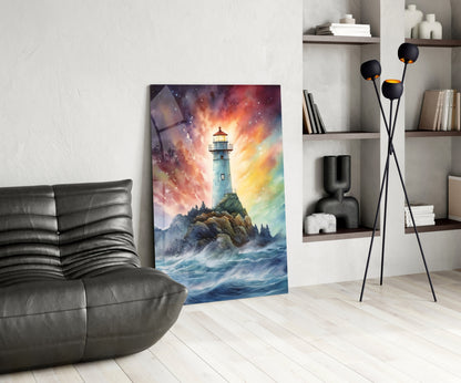 Lighthouse glass wall art leaning against white wall in modern living room with gray sofa and wooden shelving.