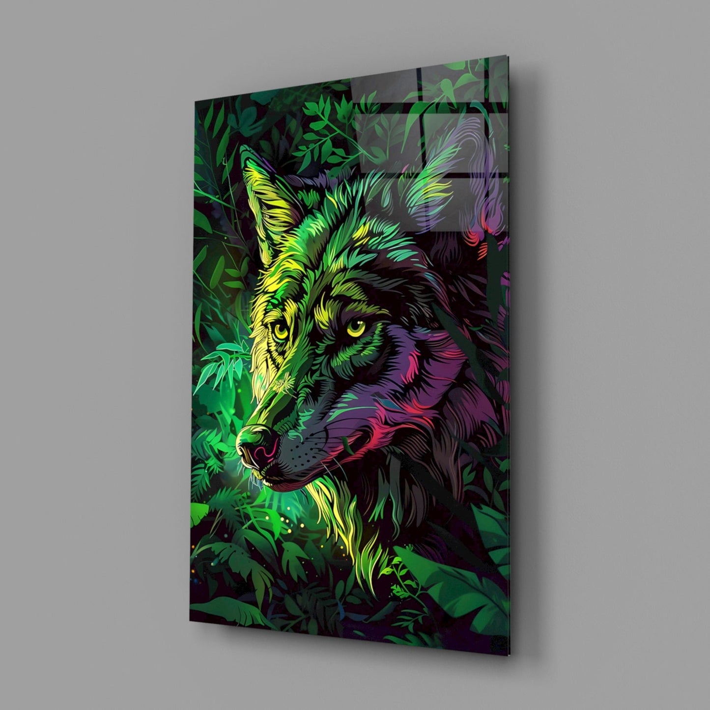 Neon Jungle Leaves Side Gaze Wolf Glass Wall Art