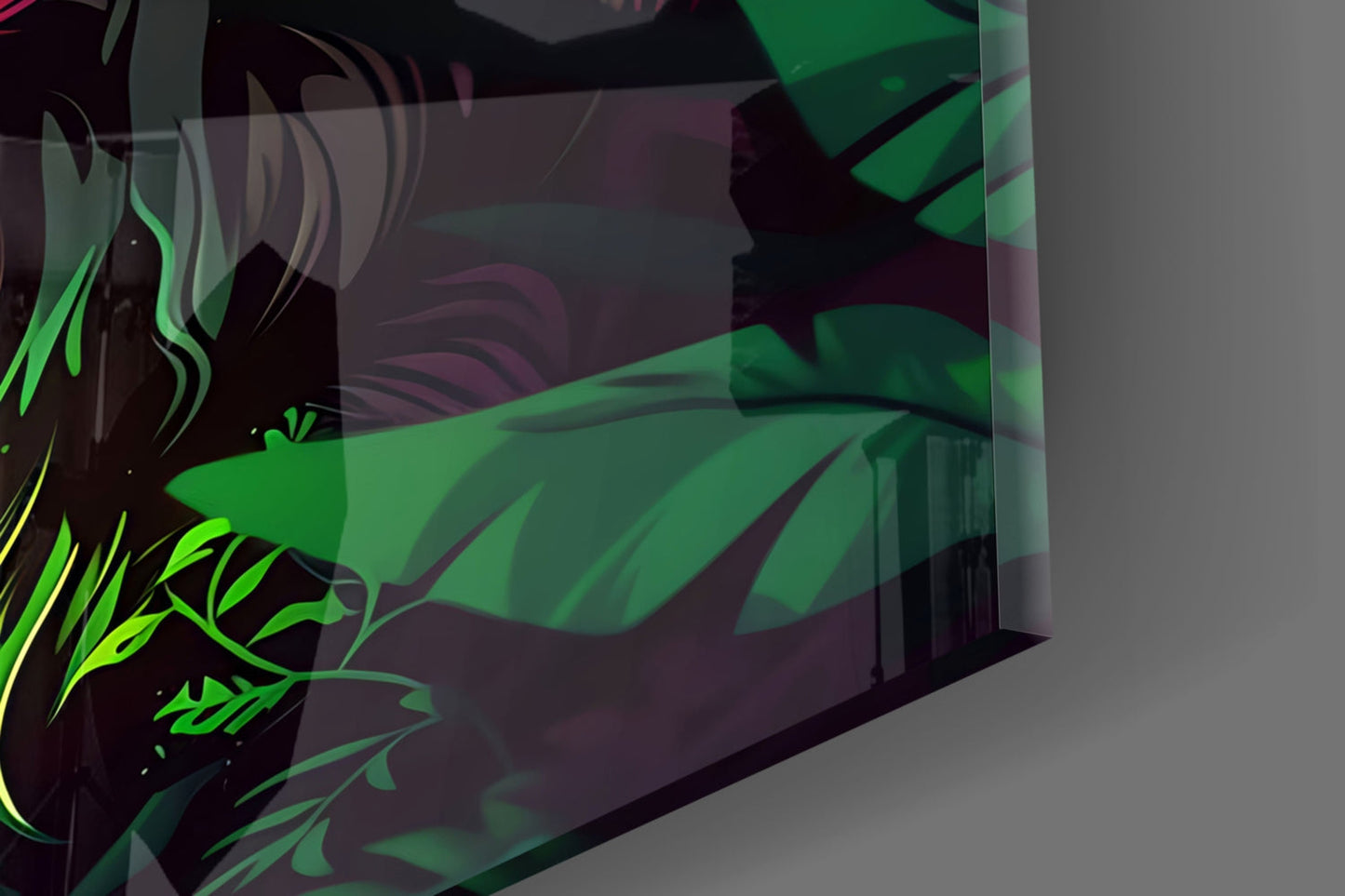 Neon Jungle Leaves Side Gaze Wolf Glass Wall Art