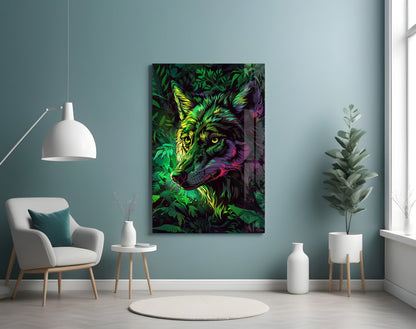 Neon Jungle Leaves Side Gaze Wolf Glass Wall Art