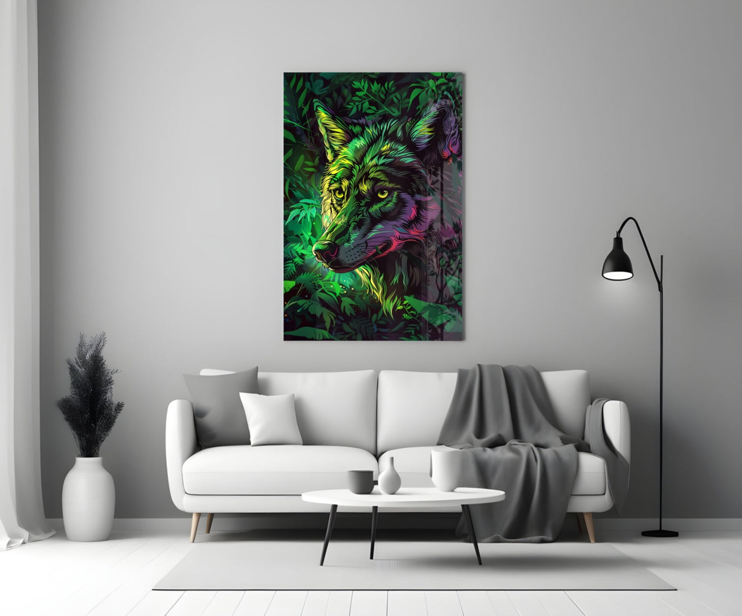 Neon Jungle Leaves Side Gaze Wolf Glass Wall Art
