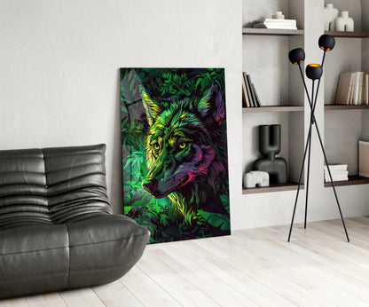 Neon Jungle Leaves Side Gaze Wolf Glass Wall Art