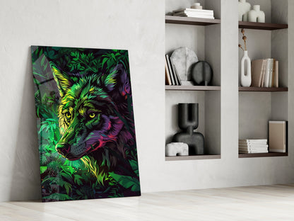 Neon Jungle Leaves Side Gaze Wolf Glass Wall Art