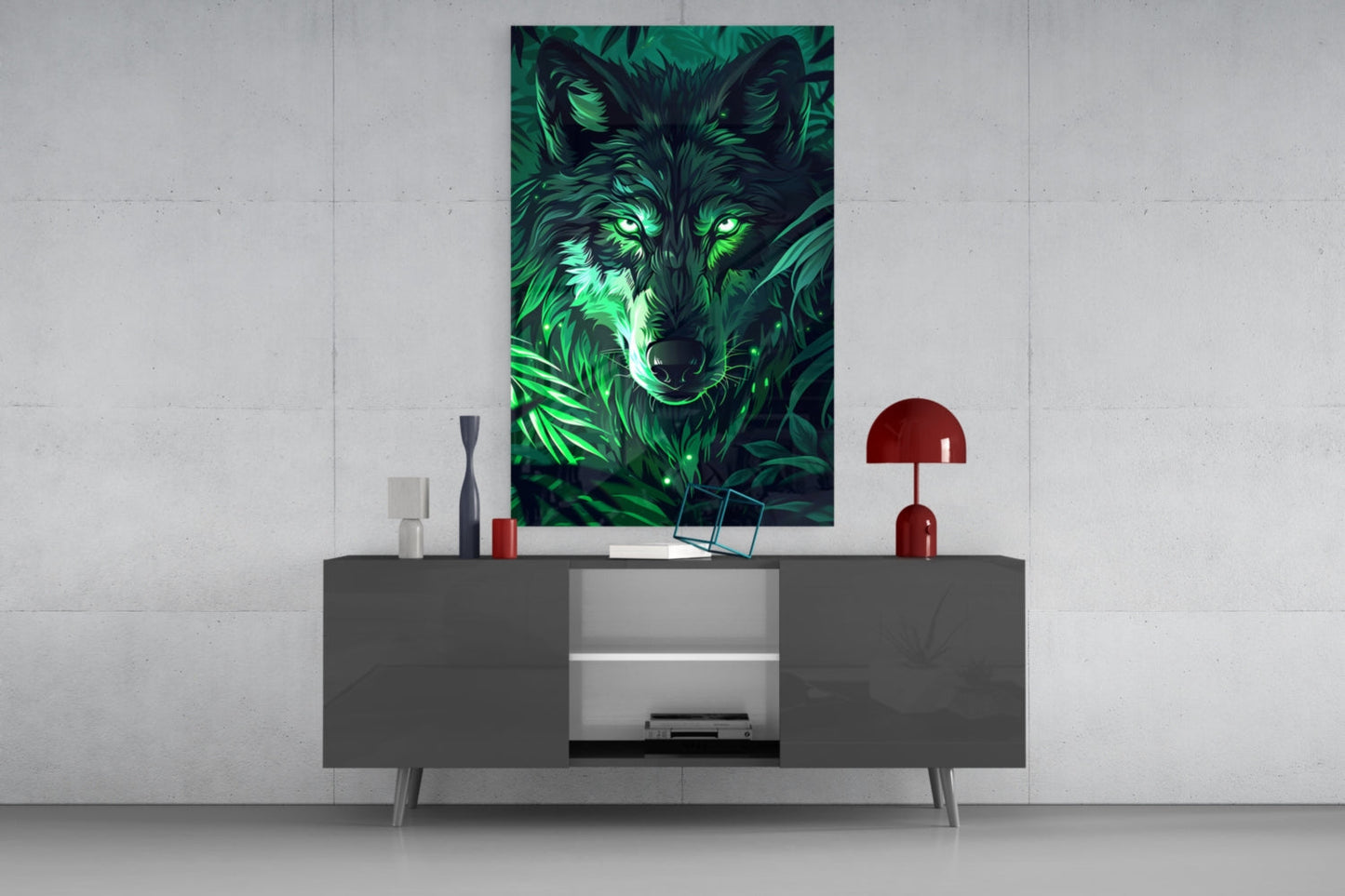 Glowing Green Eyes Fern Wolf Glass Wall Art