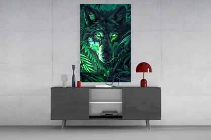 Glowing Green Eyes Fern Wolf Glass Wall Art