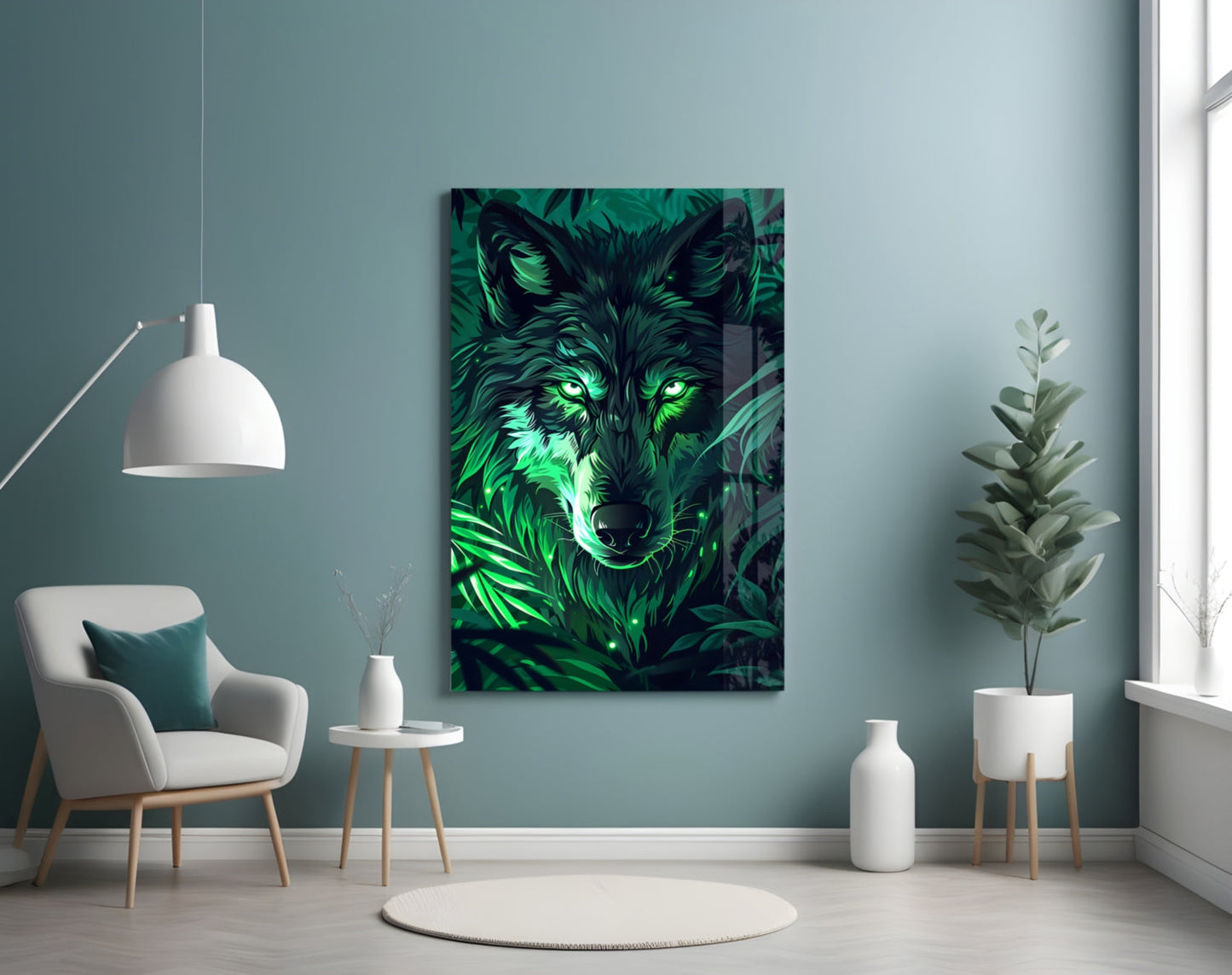 Glowing Green Eyes Fern Wolf Glass Wall Art