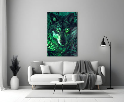 Glowing Green Eyes Fern Wolf Glass Wall Art
