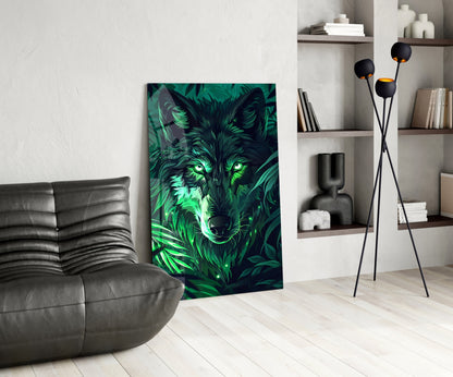 Glowing Green Eyes Fern Wolf Glass Wall Art
