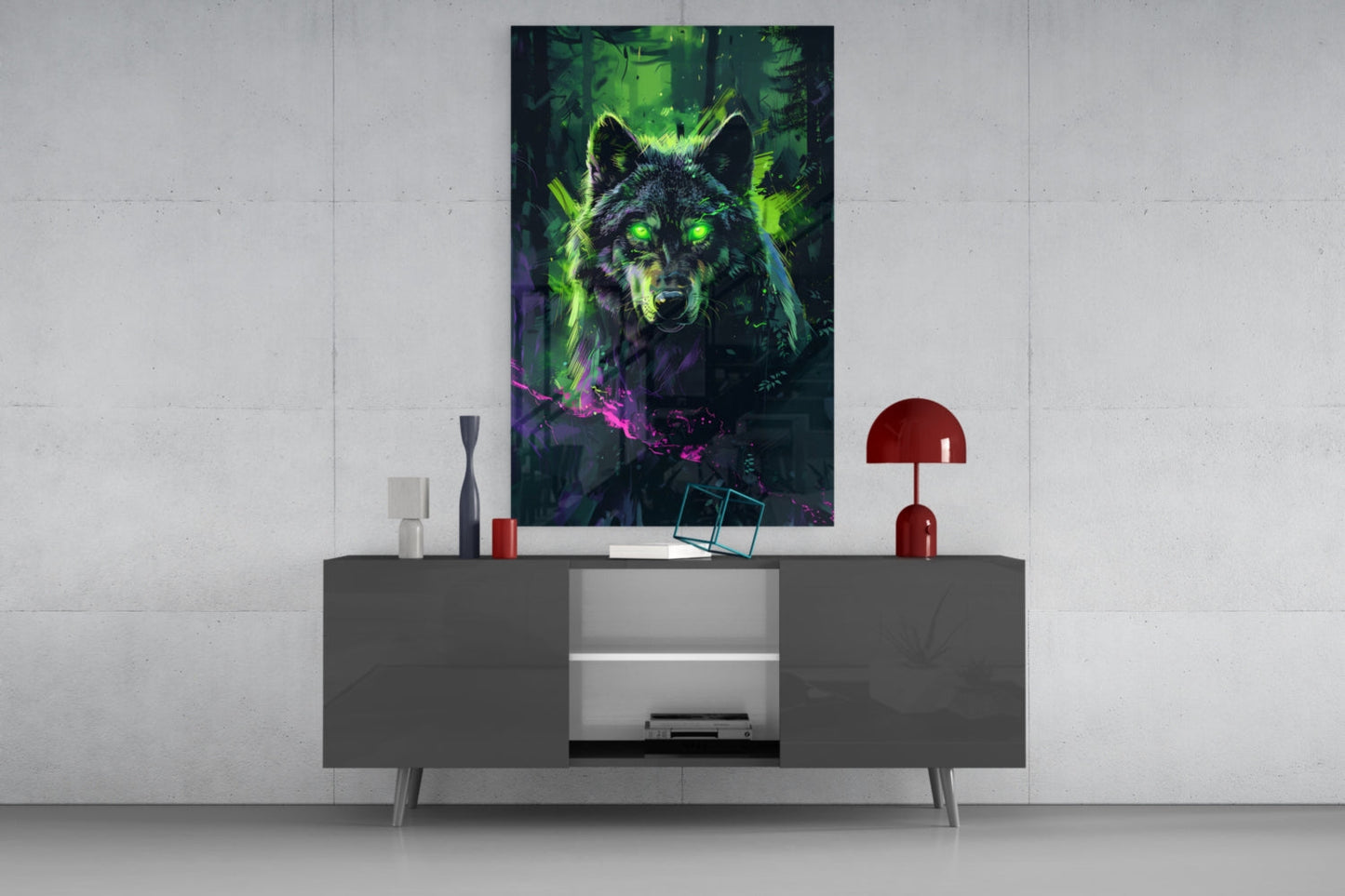 Cyber Neon Rain Green Wolf Glass Wall Art
