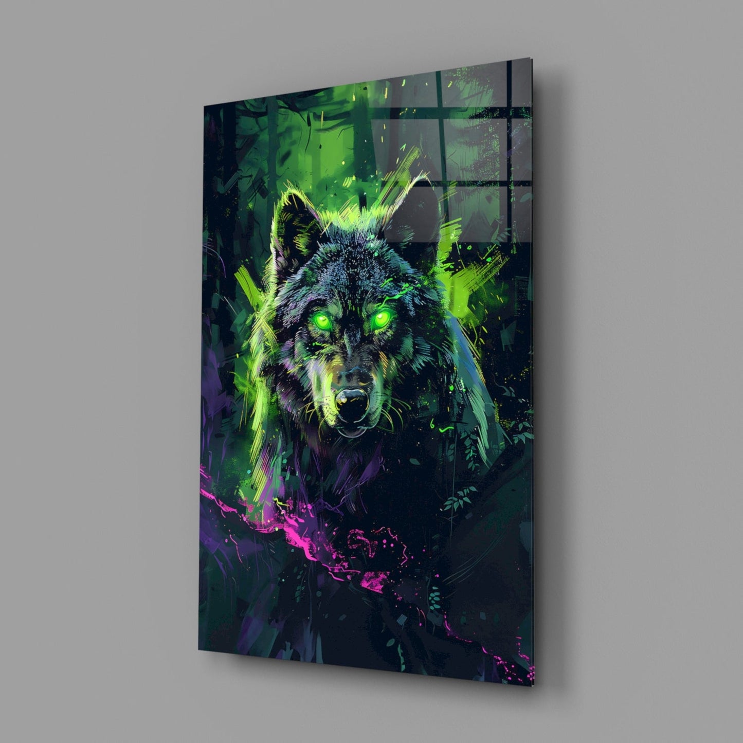 Cyber Neon Rain Green Wolf Glass Wall Art