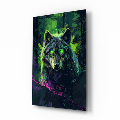 Cyber Neon Rain Green Wolf Glass Wall Art