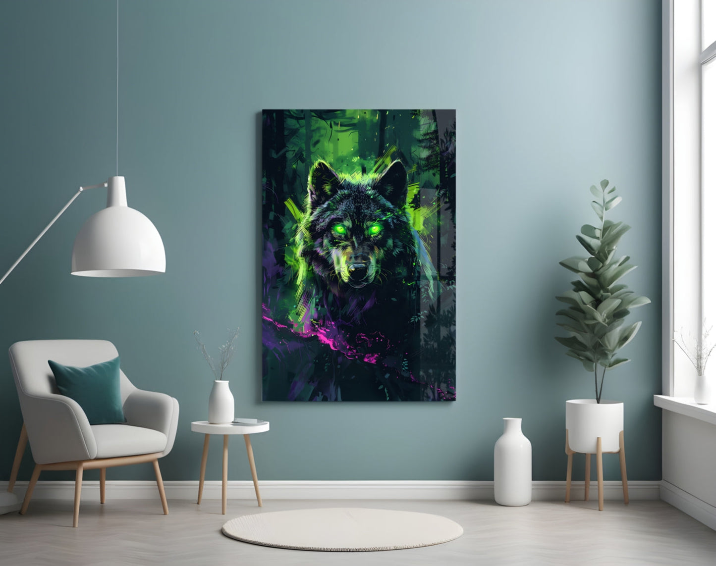 Cyber Neon Rain Green Wolf Glass Wall Art