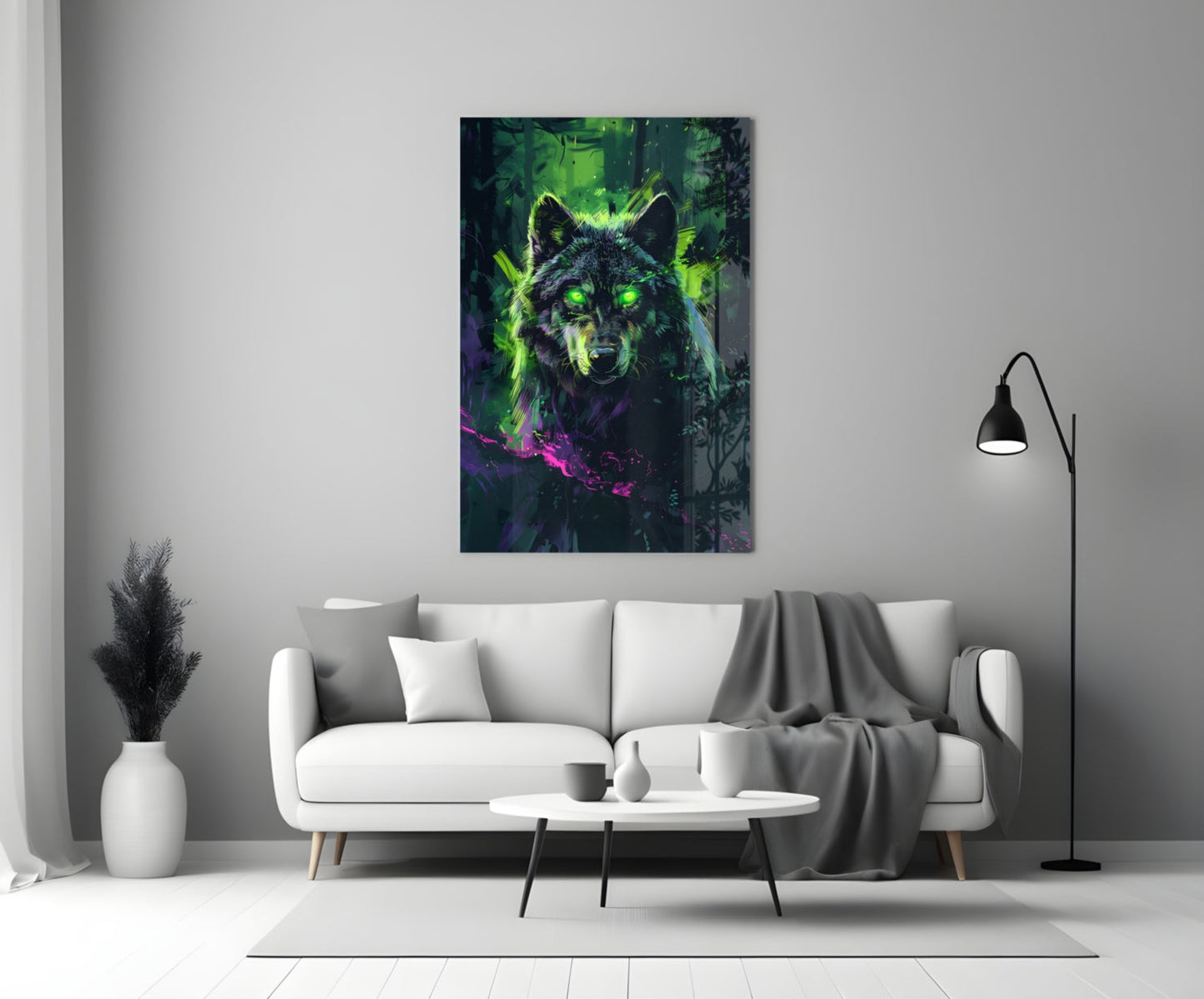 Cyber Neon Rain Green Wolf Glass Wall Art