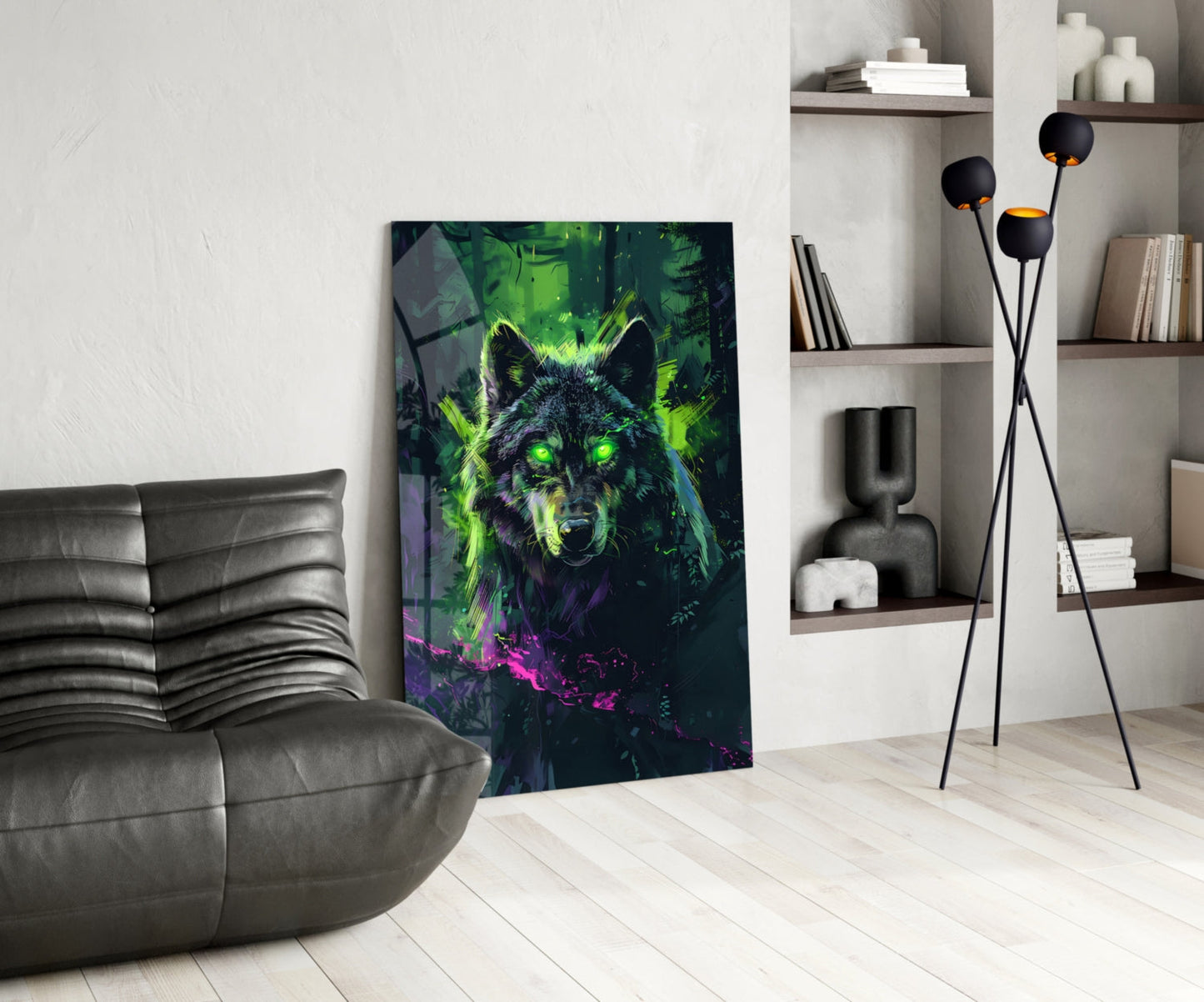 Cyber Neon Rain Green Wolf Glass Wall Art