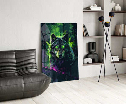 Cyber Neon Rain Green Wolf Glass Wall Art