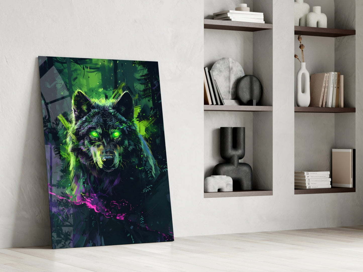 Cyber Neon Rain Green Wolf Glass Wall Art