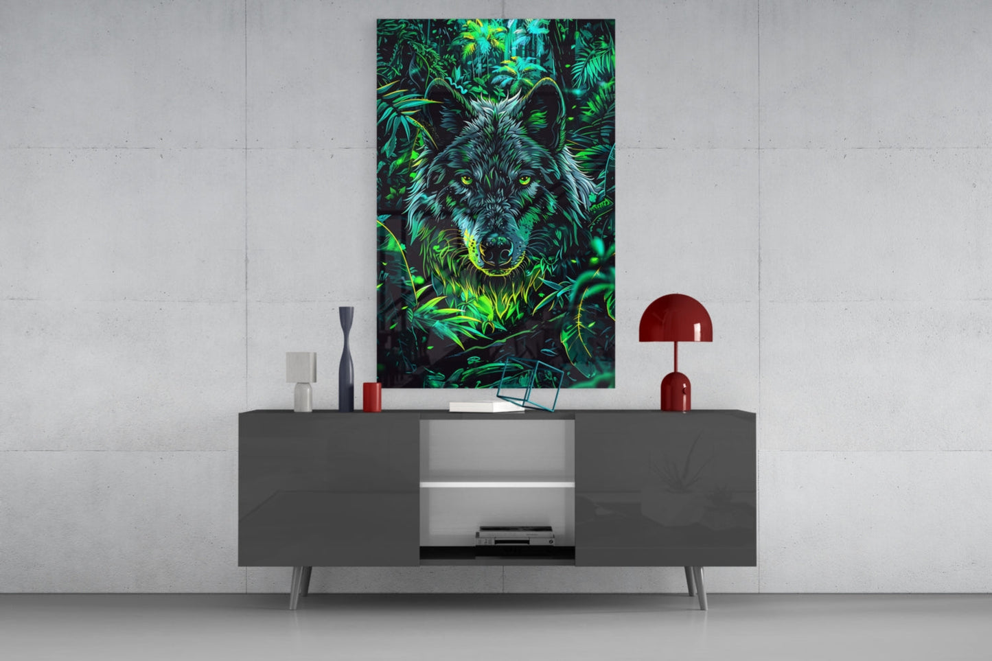 Tropical Foliage Portrait Wolf Glass Wall Art