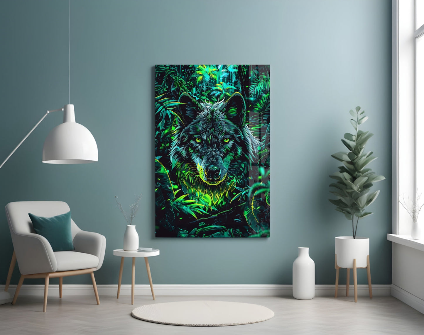 Tropical Foliage Portrait Wolf Glass Wall Art